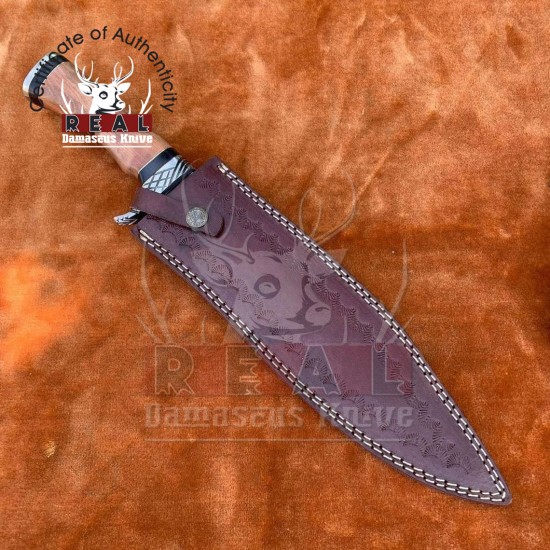 Custom Handmade Damascus Steel Hunter Bowie Knife With Leather Sheath Best Gift for Father Day