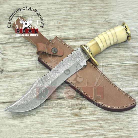 New Damascus Steel Blade Hunting Knife | Trailing Point Damascus Bowie Knife | Tactical Knife