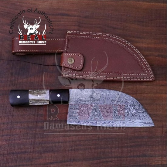 Handmade Damascus Cleaver with Walnut Wood and Staghorn - Serbian, Hunting, Meat Cleaver
