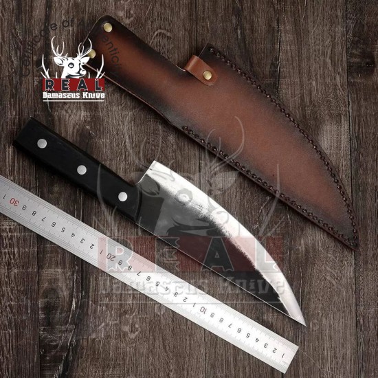 Serbian Style Hand Forged Chef Knife with High Grade PU Brown Leather Sheath