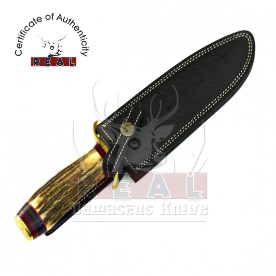Damascus Bowie Hunting Knife, Buck Hunting Knife Stag Antler Handle