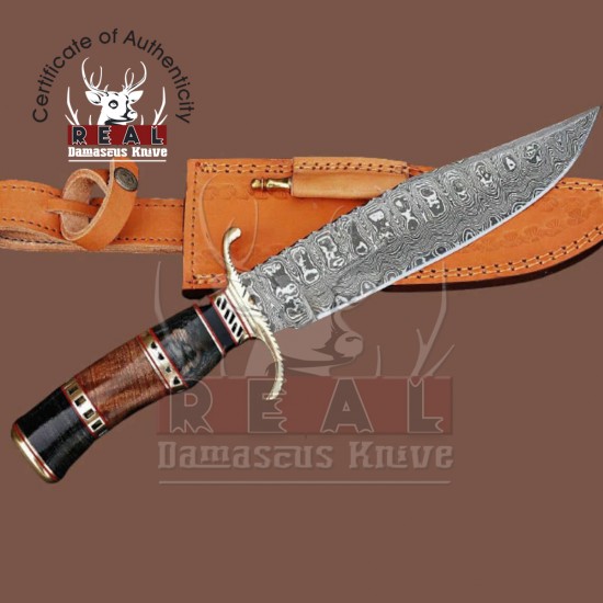 Damascus Steel Hunting Knife bowie Knife Wood Handle with Leather Sheath