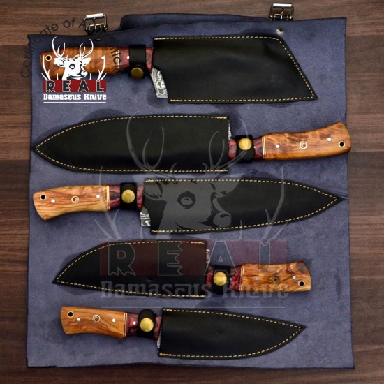 Handmade Damascus Chef set Of 5pcs With Leather