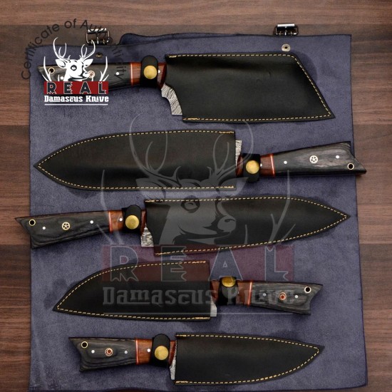 Custom Handmade Damascus Chef set Of 5pcs With Leather Cover