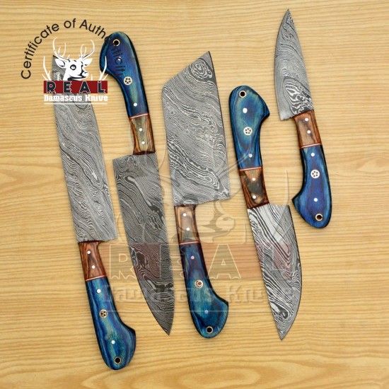 Handmade Damascus Chef set Of 5pcs With Leather