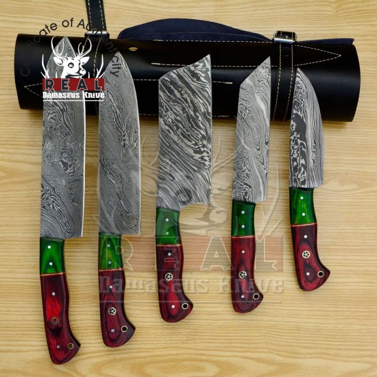 Handmade Damascus Chef set Of 5pcs With Leather