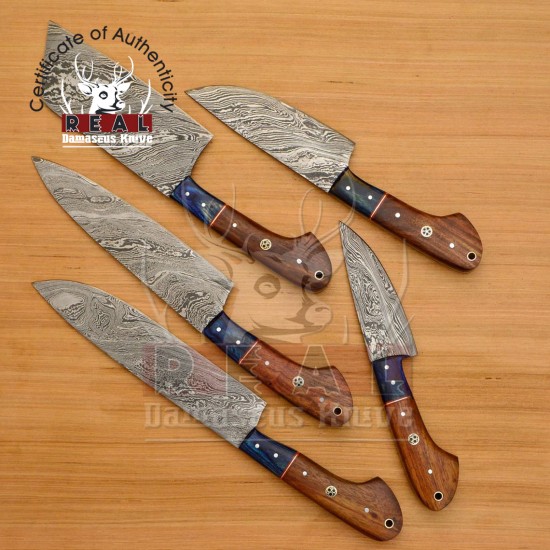 Handmade Damascus Chef set Of 5pcs With Leather