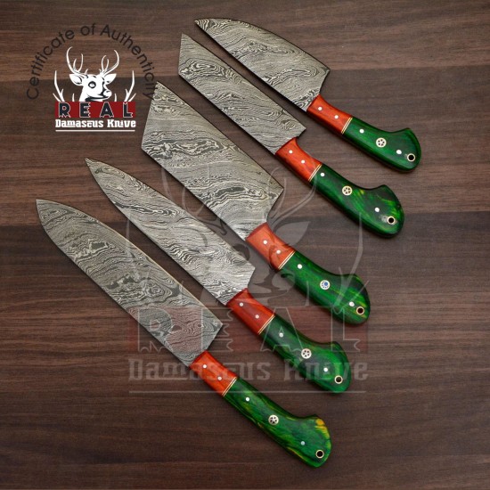 Handmade Damascus Chef set Of 5pcs With Leather Cover