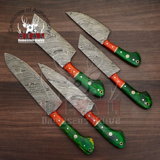 Handmade Damascus Chef set Of 5pcs With Leather Cover