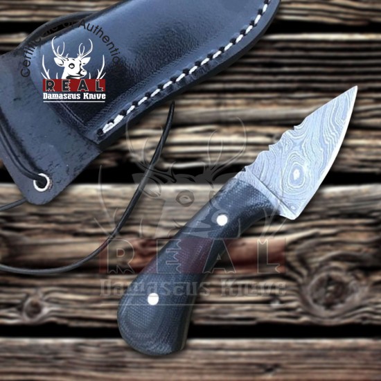 Handemade Skinning Knife - Snake in the filework on the spine - Micarta handle with Damascus blade