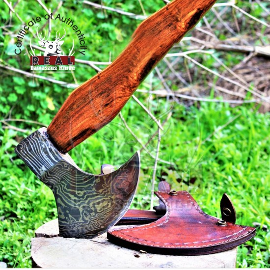 Handmade Damascus Steel Blade Axe Rose Wood Handle