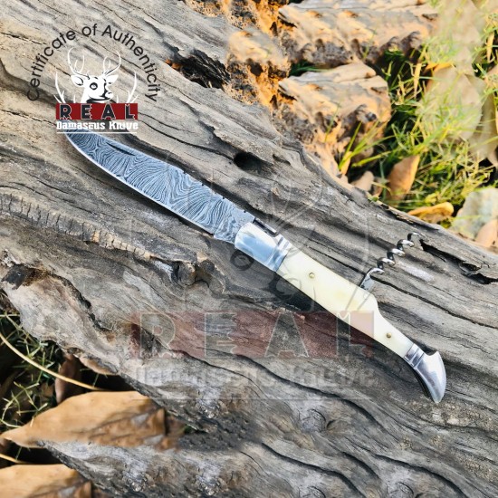 Handmade Folding Pocket Knife | Cork Screw | Damascus Stainless Steel Folding Knife