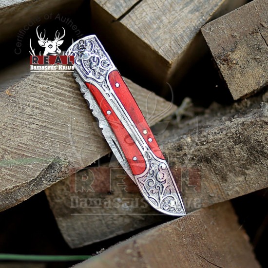 Red Pakka Wood Damascus Steel Folding Knife Handmade Pocket Knife