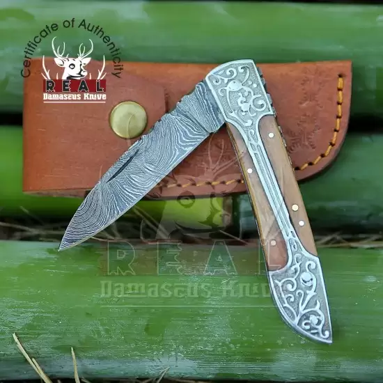 Full Damascus Folding Knife Custom Handmade Damascus Steel