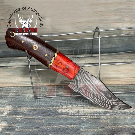 Damascus Folding Knife Usa Made Texas Rosewood & Pakkawood Wood Handle 8” Knife With Sheath Full Tang Skinner Hunting Damascus Steel Fixed Blade