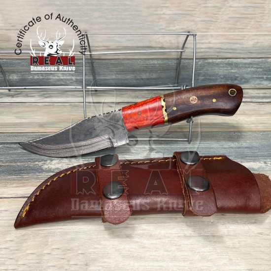 Damascus Folding Knife Usa Made Texas Rosewood & Pakkawood Wood Handle 8” Knife With Sheath Full Tang Skinner Hunting Damascus Steel Fixed Blade
