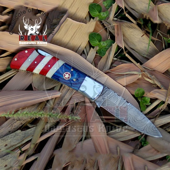 Handmade American Flag Pocket Knife | Stainless Steel Folding Knife | Red Blue Knife