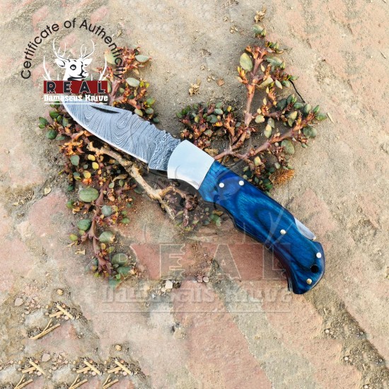 Handmade Damascus Folding Pocket Knife | Blue Dollar Sheet Knife
