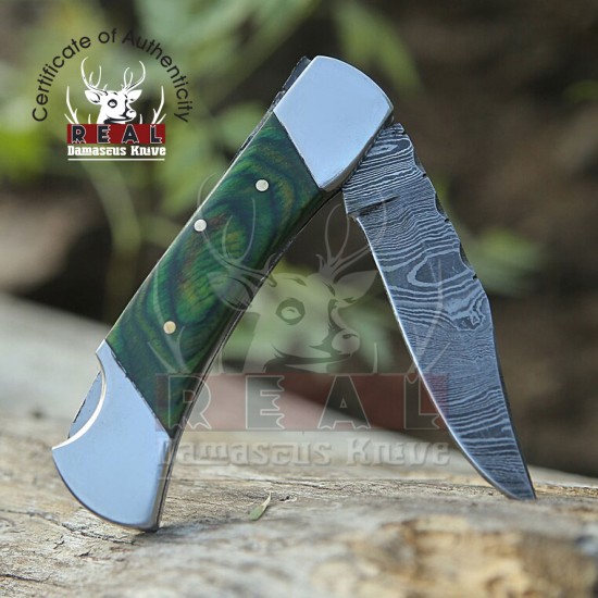 Custom Handmade Damascus Steel Blade Knife | Green Dollar Sheet Pocket Knife