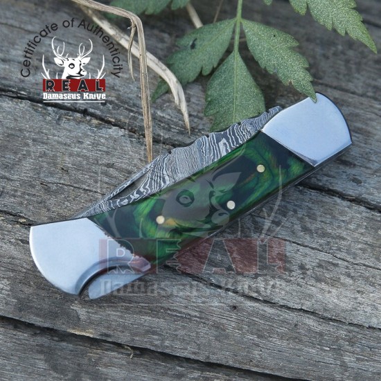 Custom Handmade Damascus Steel Blade Knife | Green Dollar Sheet Pocket Knife