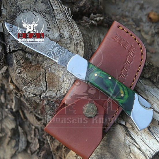 Custom Handmade Damascus Steel Blade Knife | Green Dollar Sheet Pocket Knife