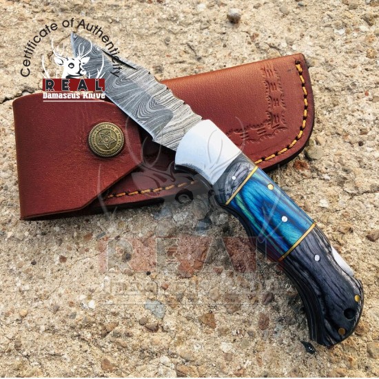 Real Damascus Pocket Folding Knife Best Pocket Knife | Blue Dollar Sheet knives | Premium Quality Sharp Blade
