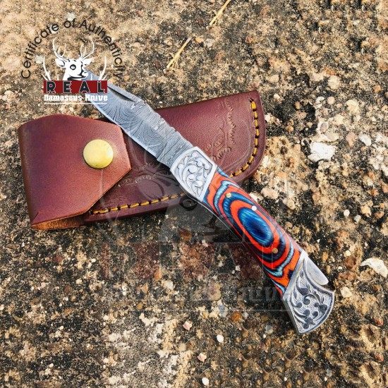 Handmade Damascus Steel Pocket Folding Knife | Multi Color Dollar Sheet Knife