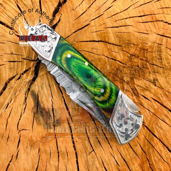 Damascus Folding Knife | Back Lock Knife | Green Dollar Sheet | Pocket Knife