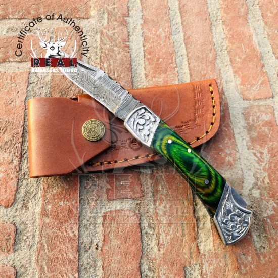 Damascus Folding Knife | Back Lock Knife | Green Dollar Sheet | Pocket Knife