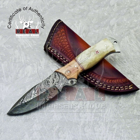 Custom Handmade Damascus Skinner Knife Hunting Skinner Knife With Beautiful Leather Sheath