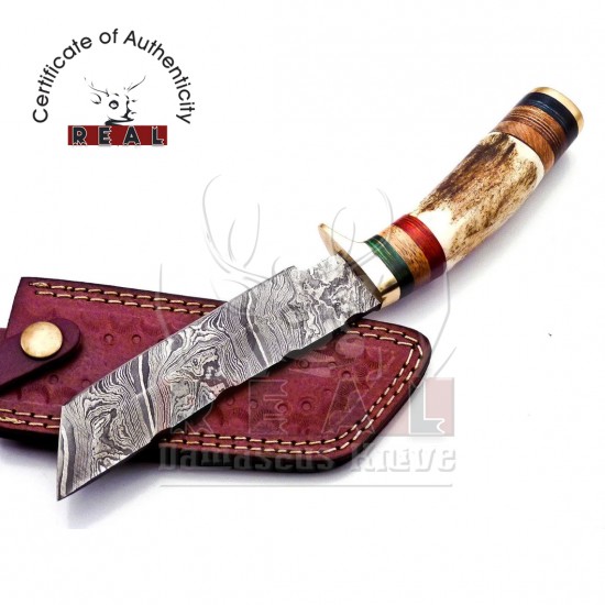 Handmade Fixed Blade Hunting Knife | Deer Antler Damascus Knife