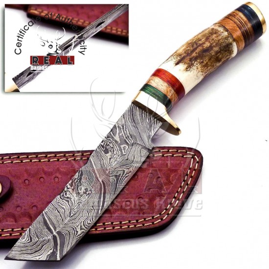 Handmade Fixed Blade Hunting Knife | Deer Antler Damascus Knife