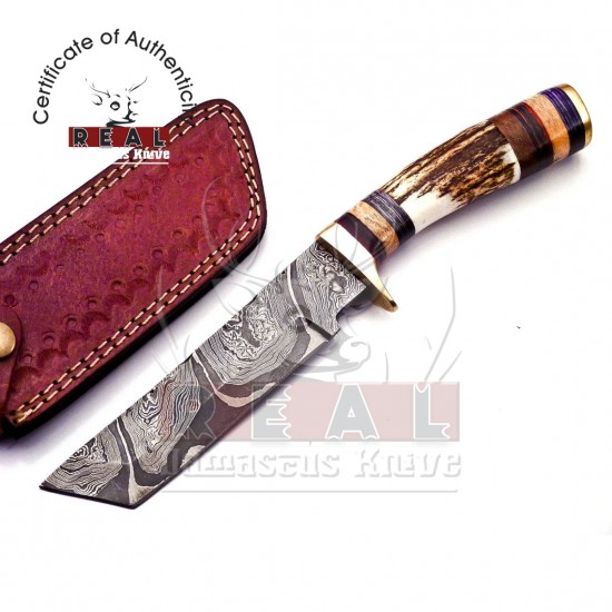 Handmade Damascus Steel Hunting Knife Handle Deer Antler With Leather Sheath handle