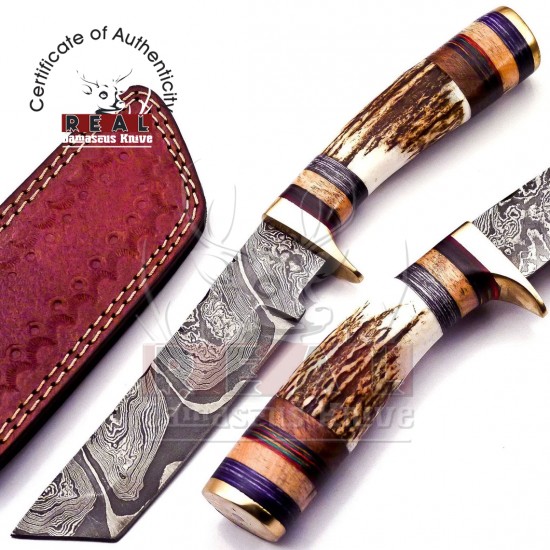Handmade Damascus Steel Hunting Knife Handle Deer Antler With Leather Sheath handle