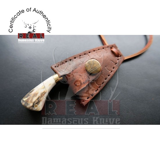 Custom Made Mini Neck Pocket Knife With Leather Sheath Deer Horn Handle
