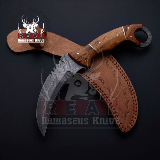 Hand Made Damascus Karambit Double Edge Hunting Knife With Leather Sheath