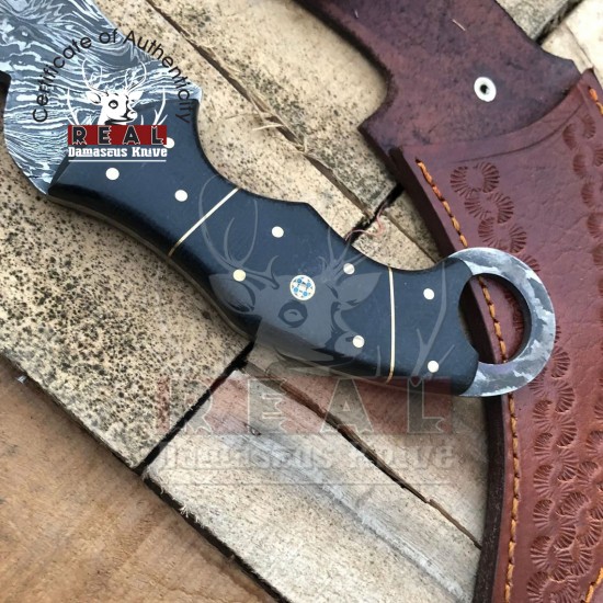 Custom Handmade Damascus Karambit Hunting Knife With Leather Sheath