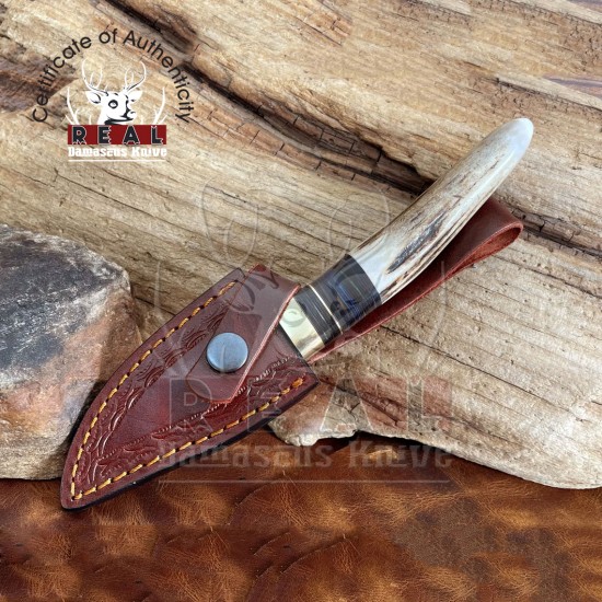 Damascus Steel Stag Antler Handle Fixed Blade Knife - Custom Damascus Pocket Knife