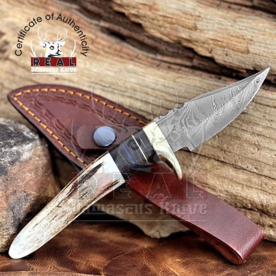 Damascus Steel Stag Antler Handle Fixed Blade Knife - Custom Damascus Pocket Knife