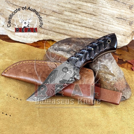 Damascus Steel Handmade Fixed Blade Hunting Knife, 8" Full Tang Custom Wood Handle Camping Knife