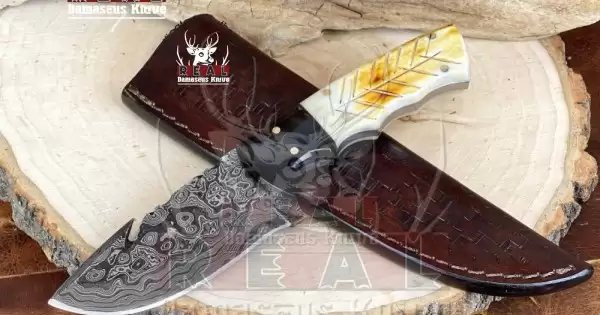 Damascus Steel Fixed Blade Knife with Camel Bone & Rosewood Handle - 7.5