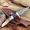 Damascus Steel Hunting Knife Stag Antler Handle Camping Knife Damascus Fixed Blade Pocket Knife