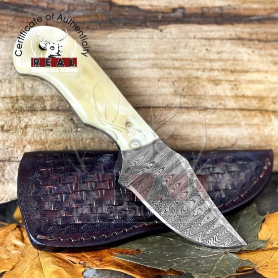 Damascus Steel Pocket Knife - Father's Day Gift - 7'' Custom Camel Bone Handle