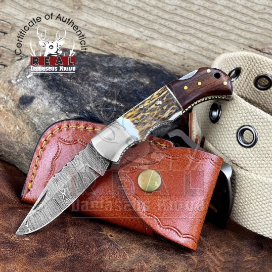 Damascus Pocket Knife Stainless Steel Folding Knife, Stag Horn | Buy Pocket Knife