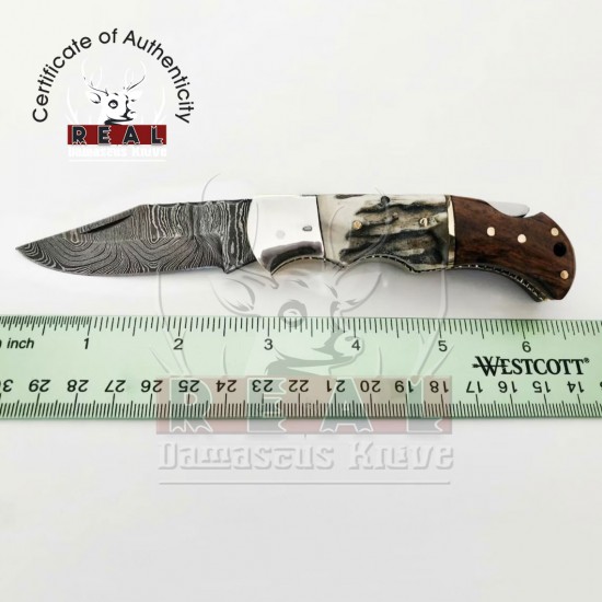 Damascus Pocket Knife Stainless Steel Folding Knife, Stag Horn | Buy Pocket Knife