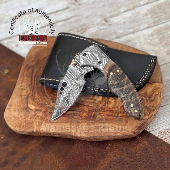 Ram Horn Handle Damascus Steel Folding Pocket Knife - Damascus Knife