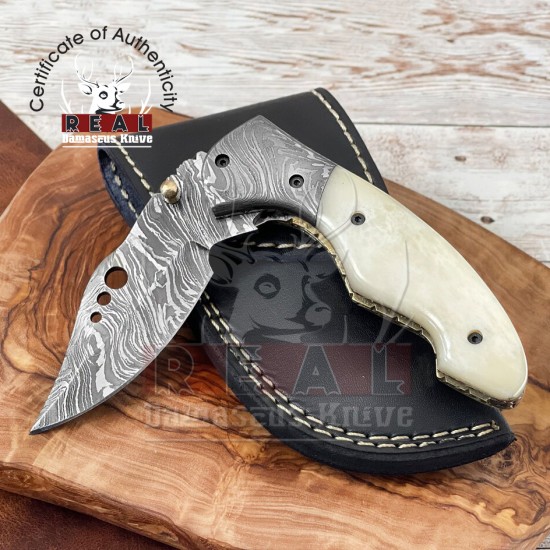 Camel Bone Damascus Stainless Steel Pocket Knife - Handmade Folding Knife
