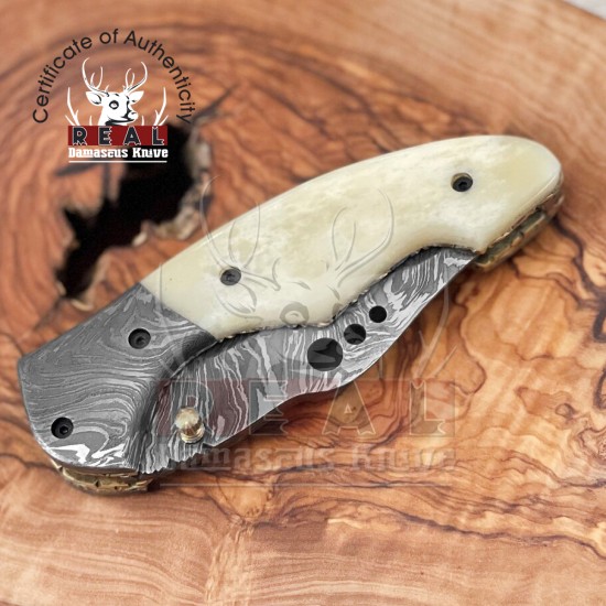 Camel Bone Damascus Stainless Steel Pocket Knife - Handmade Folding Knife