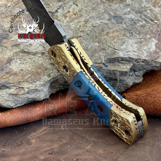 Damascus Stainless Steel Folding Knife Camel Bone Handle For Sale
