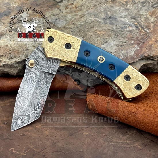 Damascus Stainless Steel Folding Knife Camel Bone Handle For Sale